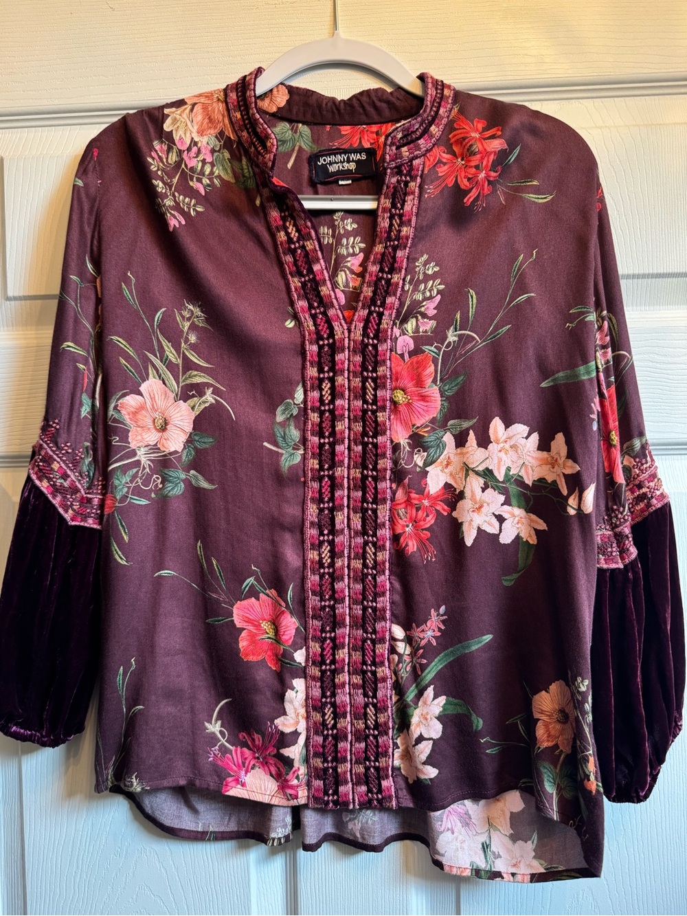 Johnny Was Plum Floral Velvet-Accent Blouse